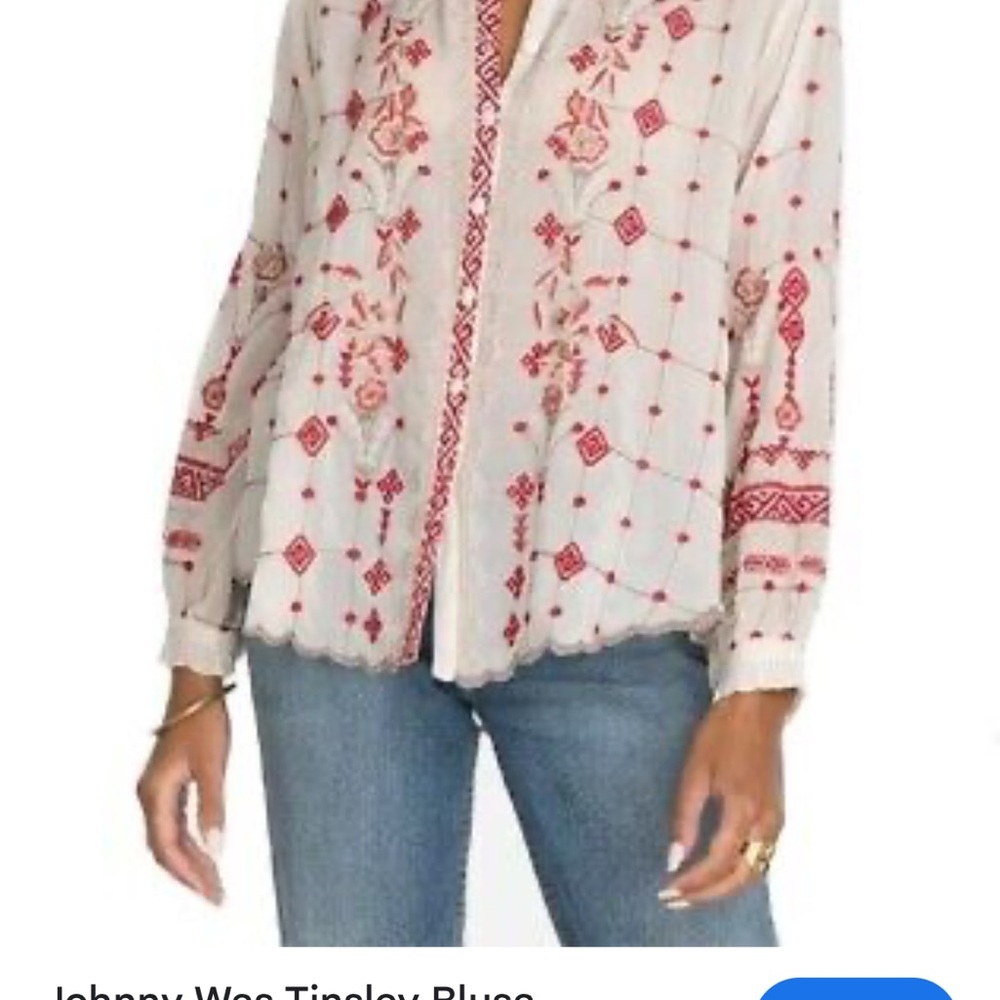 Johnny Was Tinsley blouse size L. Off white with red embroidery thoughout